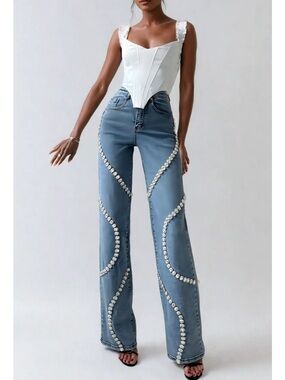 NWT INNOVARE DENIM SIZE S WIDE LEG JEANS Bagheera Rhinestone Stripe